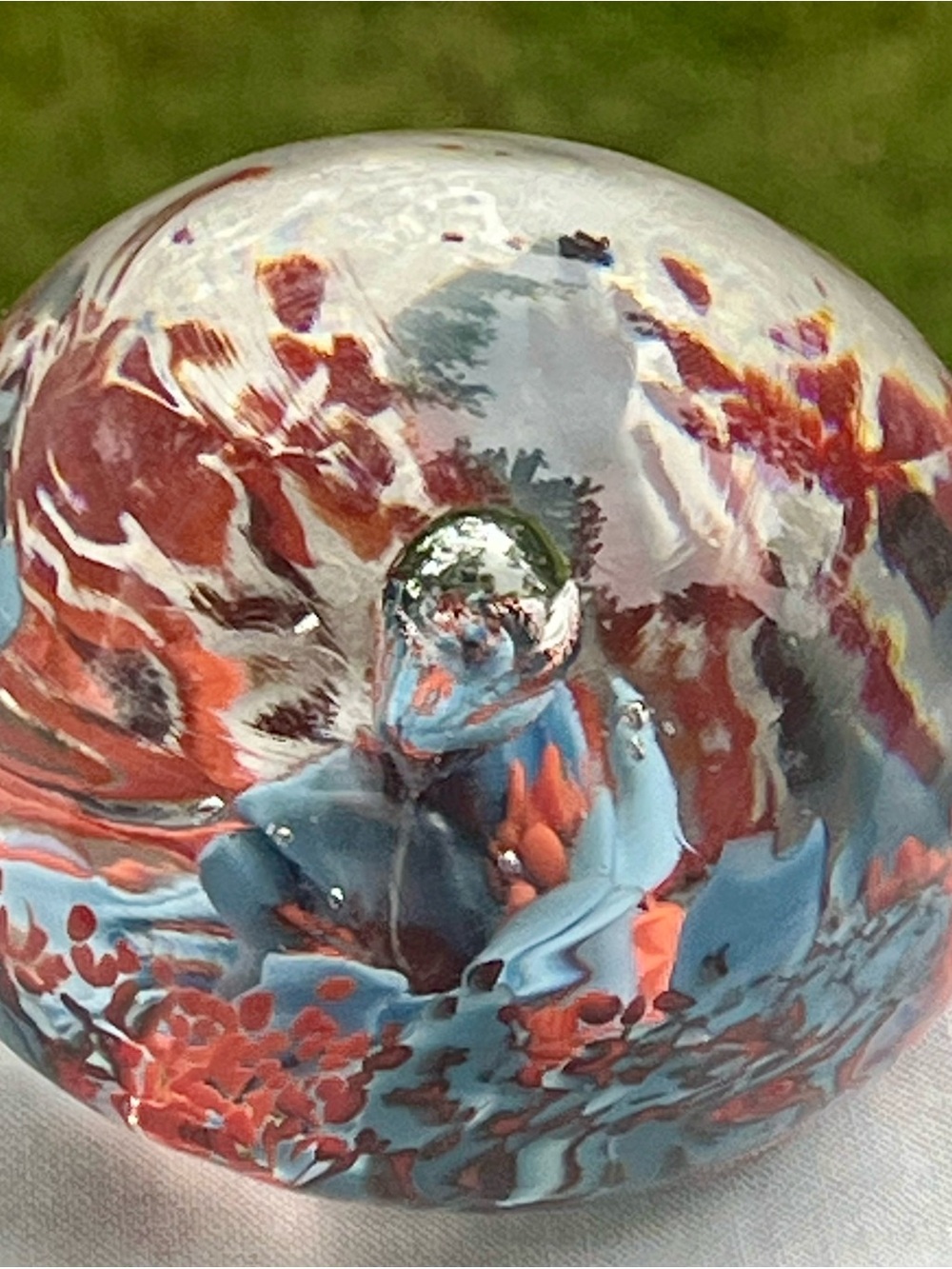Decorative Handblown Glass Art Paperweight in Blue and Red with Silver Accent